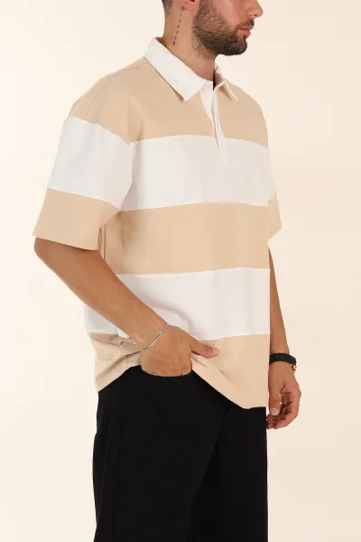 Bej Beyaz Geniş Çizgili Oversize İki İp Polo Yaka Erkek Tişört 268911