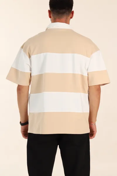Bej Beyaz Geniş Çizgili Oversize İki İp Polo Yaka Erkek Tişört 268911