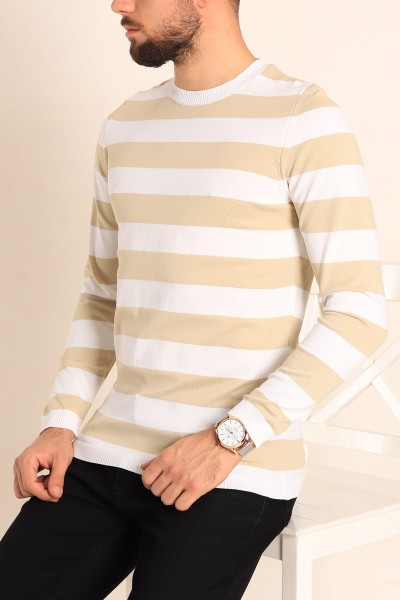 Bej Beyaz Regular Fit Çizgili Triko Kazak 213863
