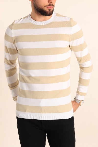 Bej Beyaz Regular Fit Çizgili Triko Kazak 213863