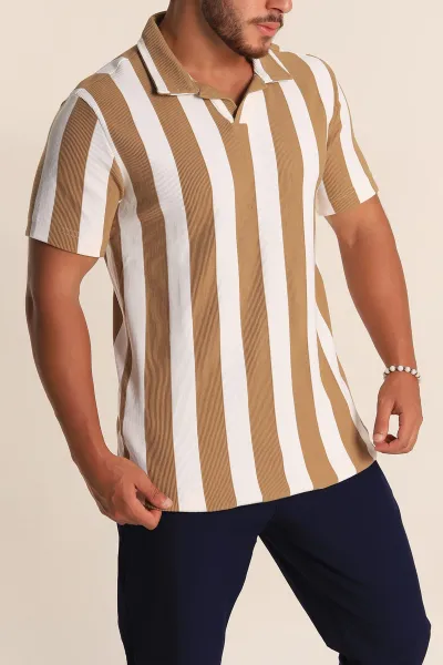 Bej Beyaz Regular Fit Çizgili Polo Yaka Erkek Tişört 268621
