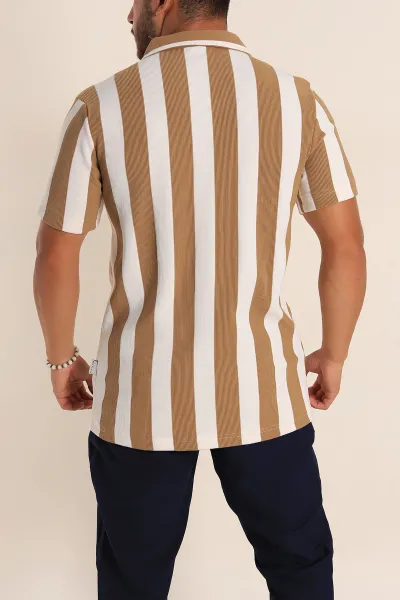 Bej Beyaz Regular Fit Çizgili Polo Yaka Erkek Tişört 268621