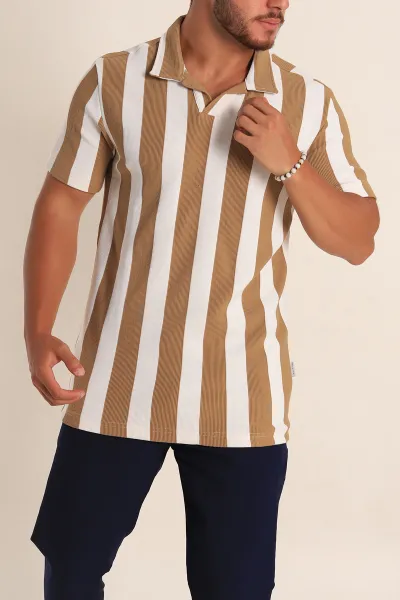 Bej Beyaz Regular Fit Çizgili Polo Yaka Erkek Tişört 268621