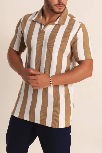 Bej Beyaz Regular Fit Çizgili Polo Yaka Erkek Tişört 268621