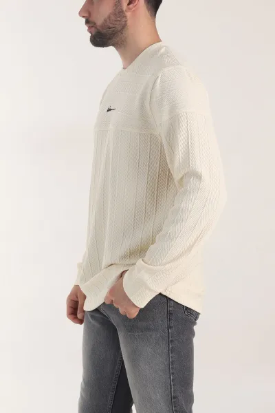 Bej Bisiklet Yaka Dokulu Nakış Detaylı Erkek Sweatshirt 406946