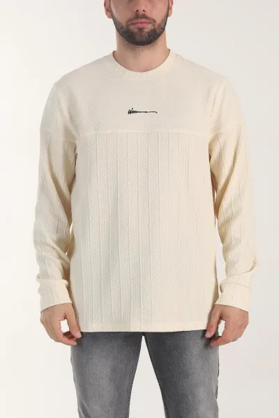 Bej Bisiklet Yaka Dokulu Nakış Detaylı Erkek Sweatshirt 406946