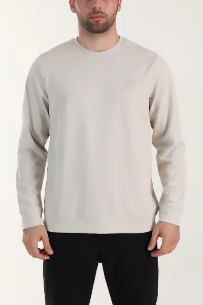 Bej Bisiklet Yaka Likralı Erkek Sweatshirt 410579