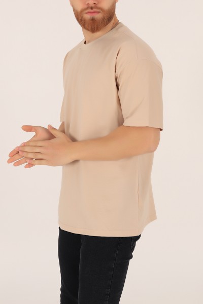 Bej Bisiklet Yaka Oversize Erkek Tişört 169581