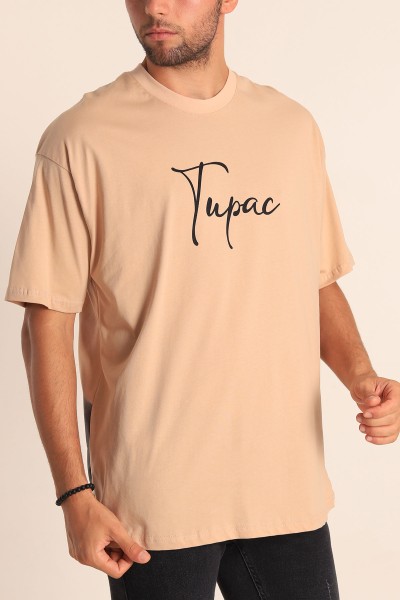 Bej Bisiklet Yaka Sırt Baskılı Oversize Erkek Tişört 194366