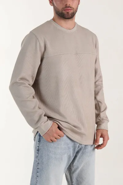 Bej Bisiklet Yaka Uzun Kollu Erkek Sweatshirt 406624