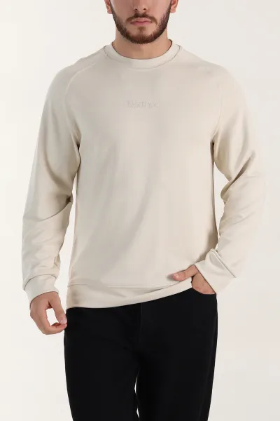 Bej Bisiklet Yaka Yazı Detaylı Erkek Sweatshirt 396242