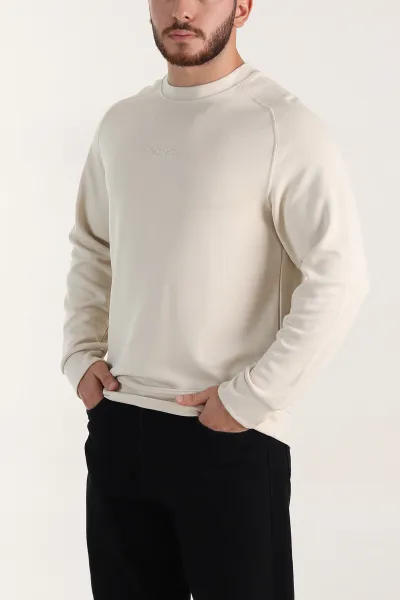 Bej Bisiklet Yaka Yazı Detaylı Erkek Sweatshirt 396242