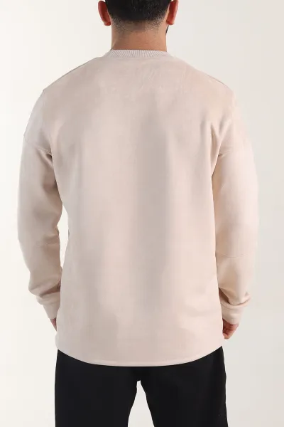 Bej Bisiklet Yaka Yazı Detaylı Erkek Sweatshirt 404793