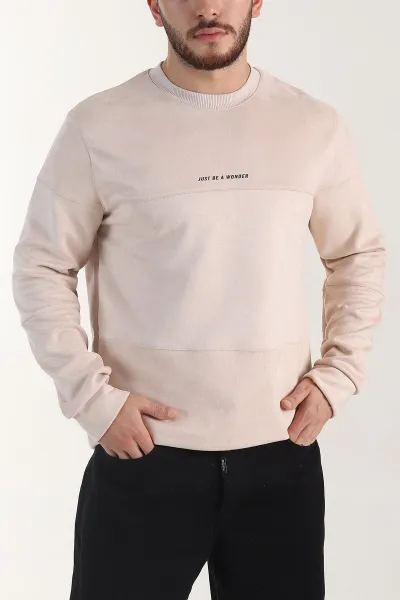 bej-bisiklet-yaka-yazi-detayli-erkek-sweatshirt-404793