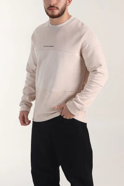 Bej Bisiklet Yaka Yazı Detaylı Erkek Sweatshirt 404793
