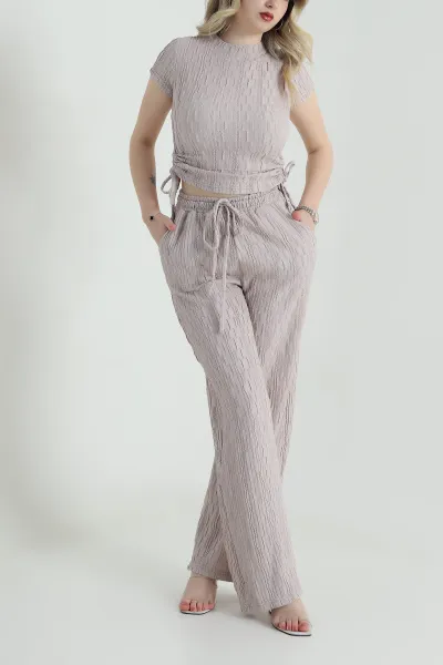 Bej Bluz Pantolon Gofre Kadın İkili Takım 458374