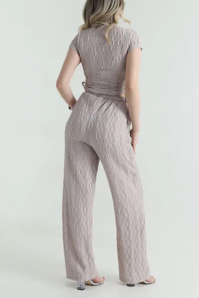 Bej Bluz Pantolon Gofre Kadın İkili Takım 458374