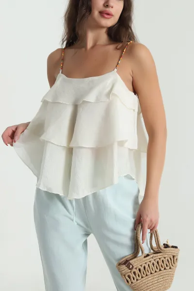 Bej Boncuk Askı Detay Tencel Kadın Bluz 478613