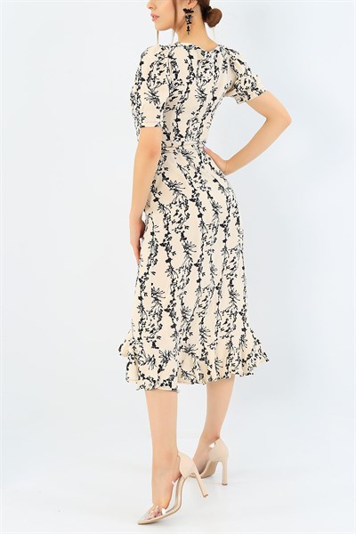 Bej Boydan Düğmeli Eteği Fırfırlı Elbise 36006