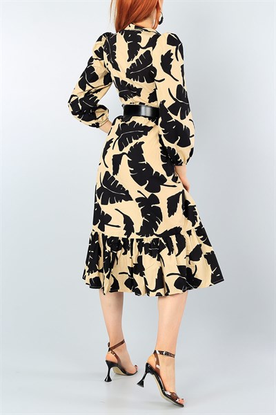 Bej Boydan Düğmeli Yaprak Desenli Elbise 40461