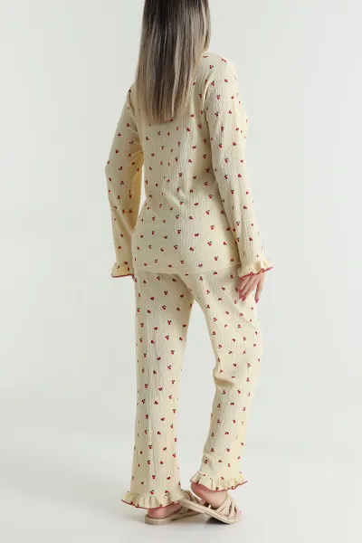 Bej Bürümcük Düğmeli Kadın Pijama Takımı 493646