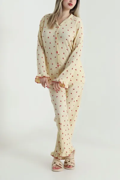 Bej Bürümcük Düğmeli Kadın Pijama Takımı 493646