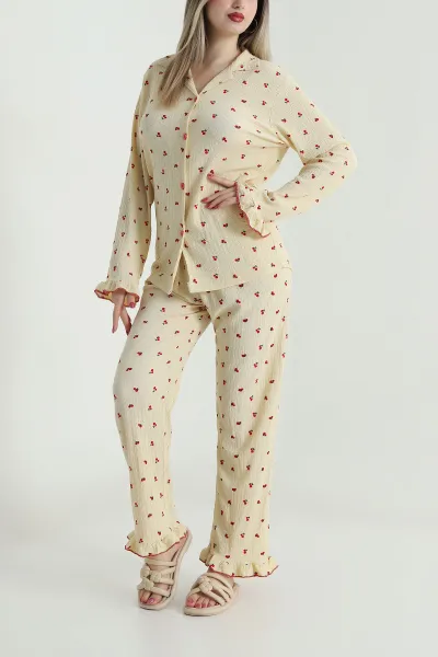 Bej Bürümcük Düğmeli Kadın Pijama Takımı 493646