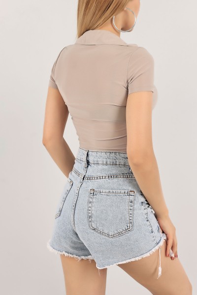Bej Büzgü Tasarım Sendy Crop Bluz 117351