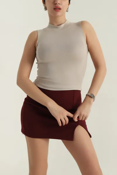 Bej Buzi Yarım Boğazlı Sıfır Kol Kadın Badi 415553
