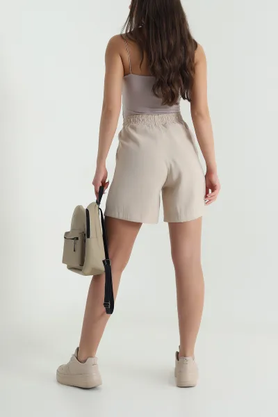 Bej Cepli Bel Lastikli Tencel Kadın Şort 464648