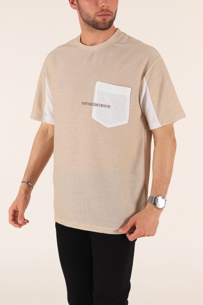 Bej Cepli Dokulu Oversize Erkek Tişört 177456