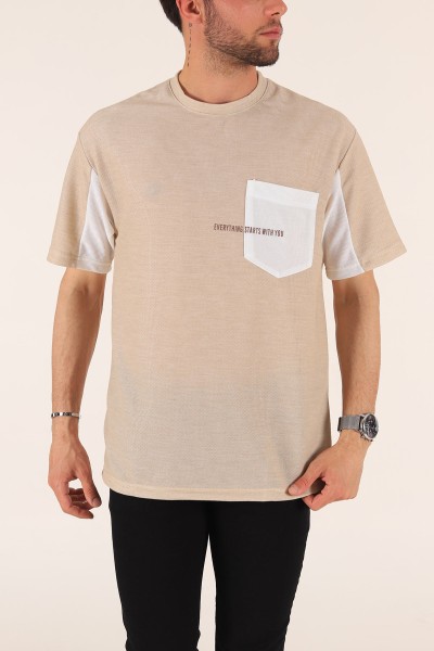Bej Cepli Dokulu Oversize Erkek Tişört 177456