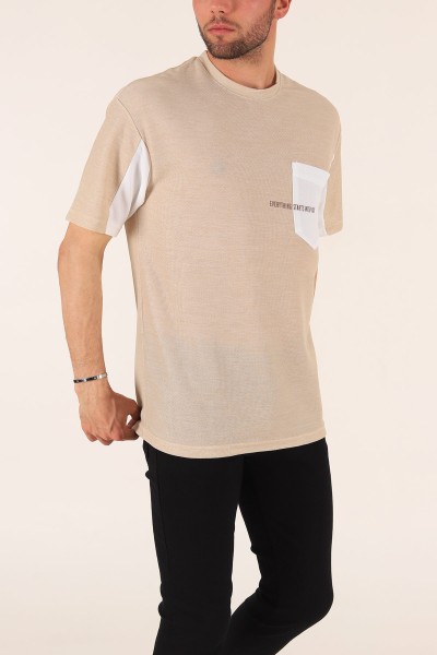 Bej Cepli Dokulu Oversize Erkek Tişört 177456