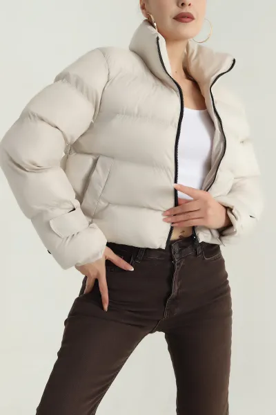 Bej Cırtlı Kol Kadın Şişme Mont 401462