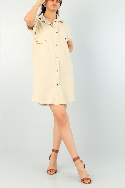 Bej Çıtçıtlı Yazlık Gabardin Elbise 72226