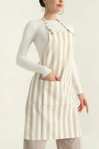 Bej Çizgili Desen Cep Detaylı Bağlamalı Mutfak Önlüğü 374741