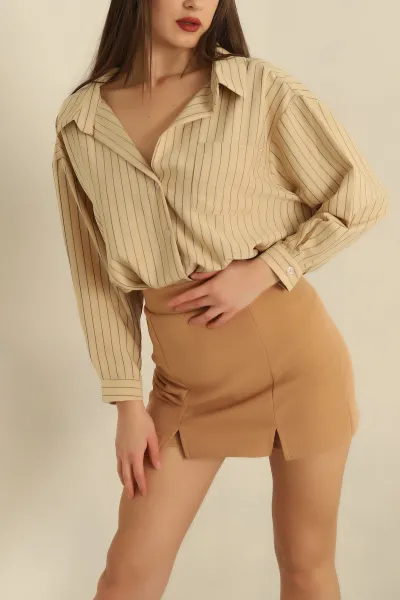 Bej Çizgili Dokuma Oversize Bayan Gömlek 269892