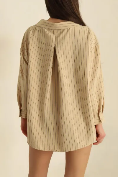 Bej Çizgili Dokuma Oversize Bayan Gömlek 269892