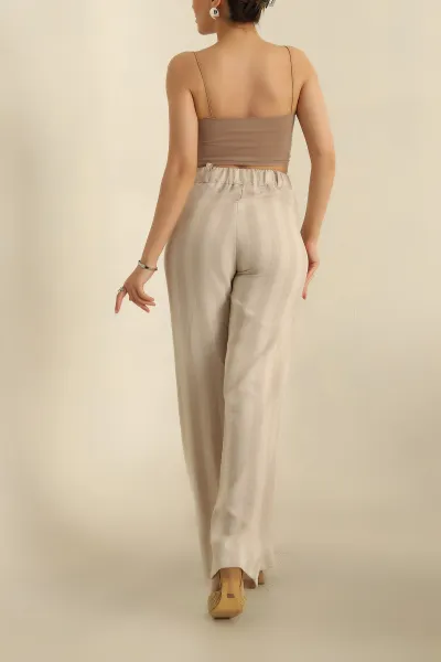 Bej Çizgili Keten Pantolon 271158