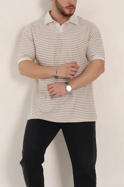 Bej Çizgili Oversize Örme Polo Yaka Erkek Tişört 349891