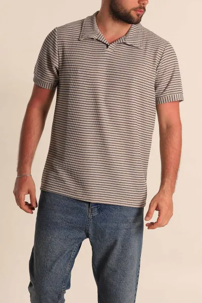 Bej Çizgili Regular Fit Dokulu Polo Yaka Erkek Tişört 277085