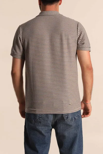 Bej Çizgili Regular Fit Dokulu Polo Yaka Erkek Tişört 277085