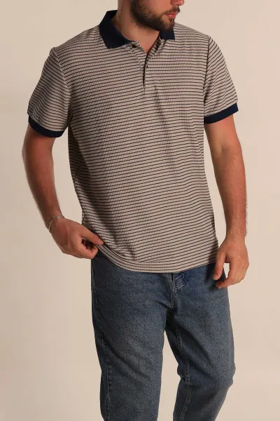 Bej Çizgili Regular Fit Polo Yaka Erkek Tişört 277107