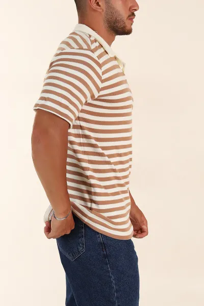 Bej Çizgili Relaxed Fit Polo Yaka Erkek Triko Tişört 276748