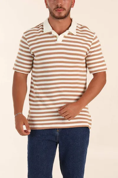 Bej Çizgili Relaxed Fit Polo Yaka Erkek Triko Tişört 276748