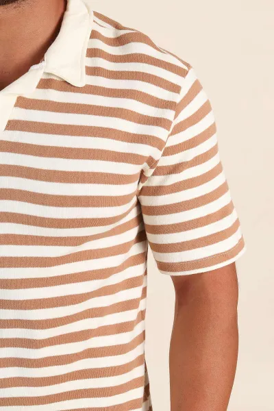 Bej Çizgili Relaxed Fit Polo Yaka Erkek Triko Tişört 276748