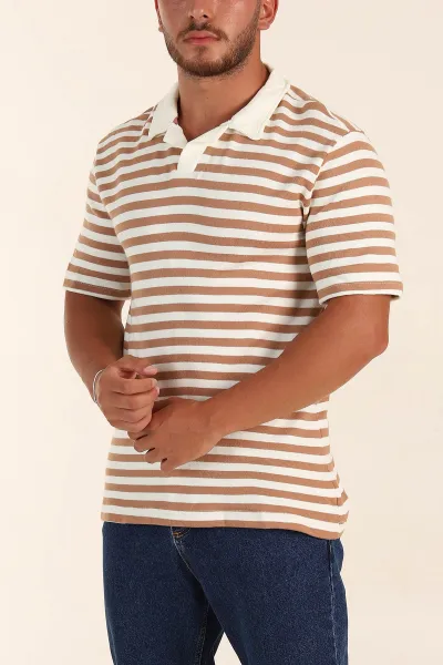 Bej Çizgili Relaxed Fit Polo Yaka Erkek Triko Tişört 276748