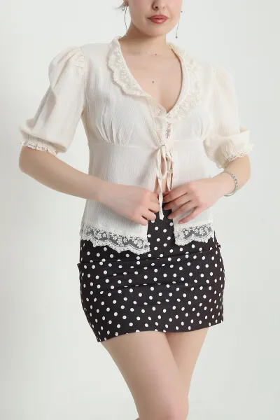 Bej Dantelli Krinkıl Kadın Bluz 454953