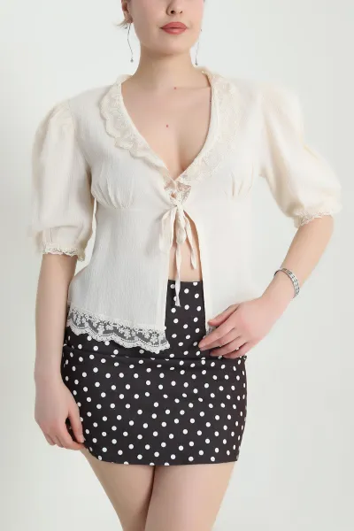 Bej Dantelli Krinkıl Kadın Bluz 454953
