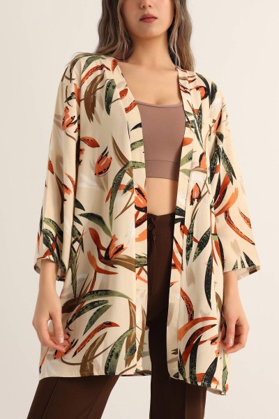 Bej Desenli Dokuma Viskon Kimono 173406